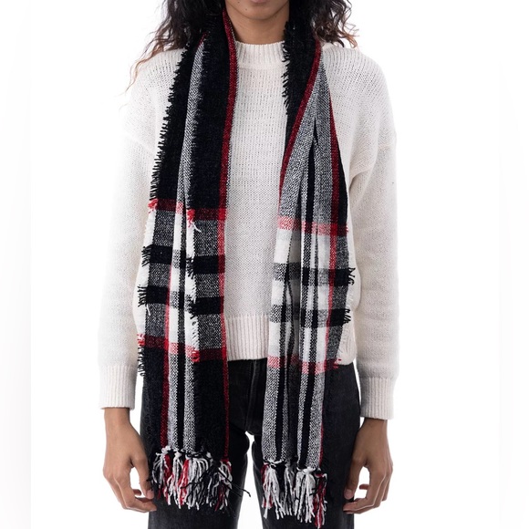 STYLE & CO Women's Chenille Plaid Fringe-Trim Scarf Macy's Black/Red/White New - Picture 1 of 8